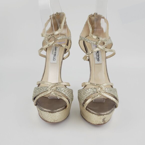 Jimmy Choo Heels Gold Silver Glitter Ankle Strap Platform Sandals Size 37.5 - Picture 8 of 8